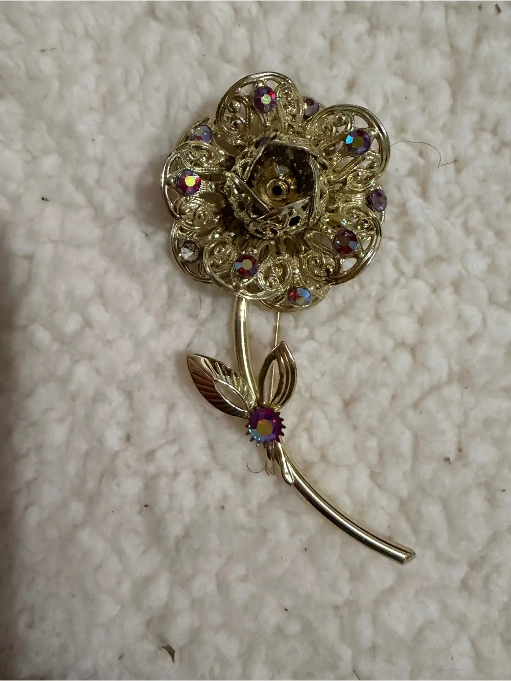 Pink Rose Gold Floral Brooch with Iridescent Pink Accents